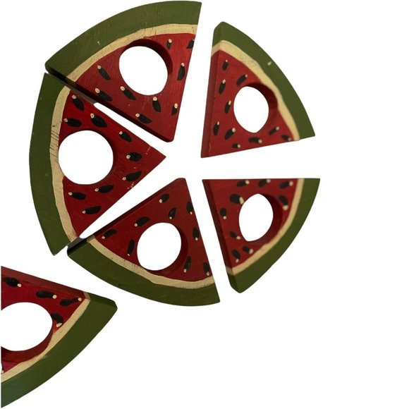 Napkin Rings Holder Wooden Watermelon 6 Picnic July 4th Holiday 4 3/4" X 5" - Picture 2 of 4